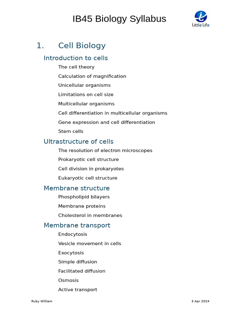 IB45 Biology Syllabus Tree Apr 2024 | PDF | Cell (Biology) | Genetics