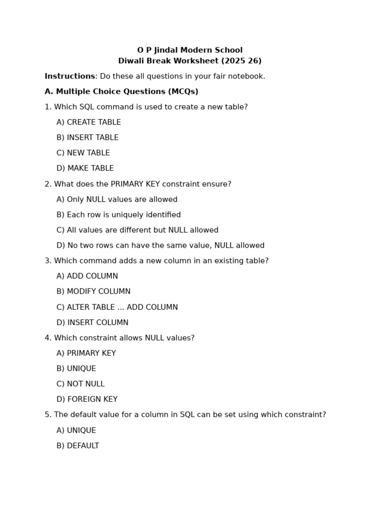 XII Computer Science - Holiday Worksheet | PDF | Table (Database ...