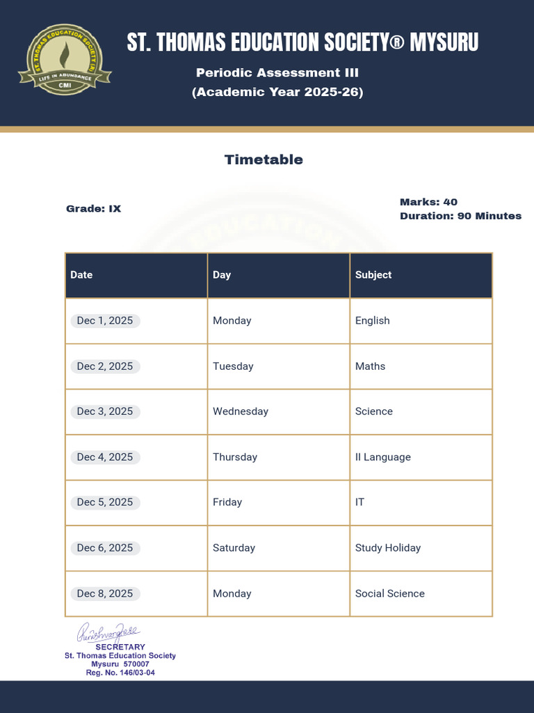 Grade IX Periodic Assessment Timetable | PDF