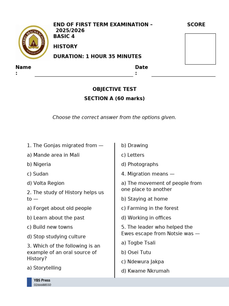 Basic 4 History Objective Test 2025/2026 | PDF | Ghana