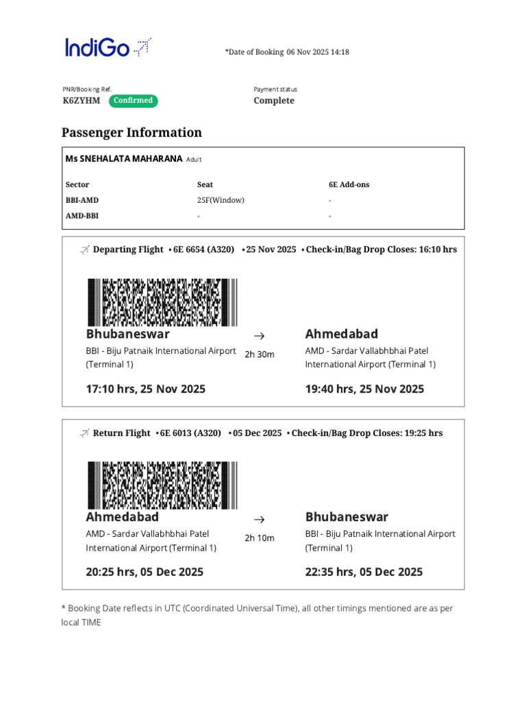 Flight Booking Confirmation: BBI-AMD | PDF