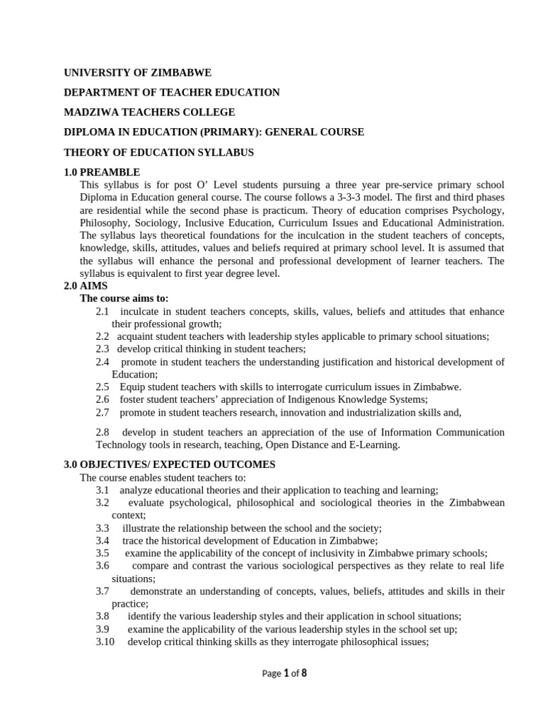 Diploma in Primary Education Syllabus | PDF | Concept | Curriculum