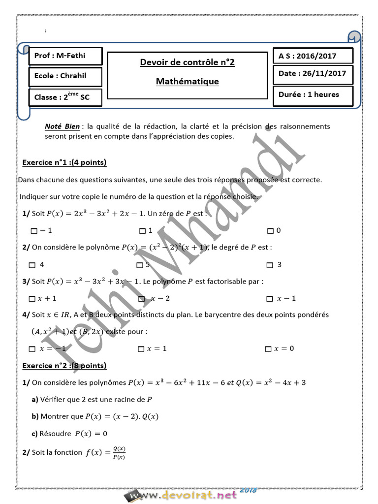 Devoir de mathématiques 2ème SC 2017 | PDF | Polynôme | Mathématiques
