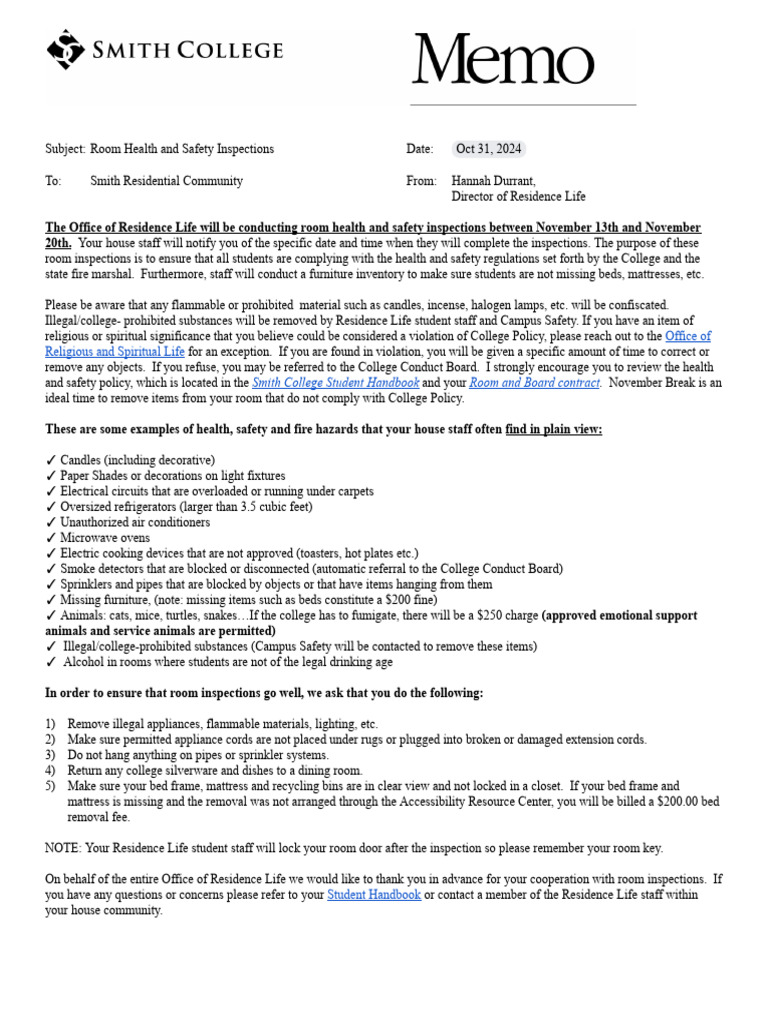 Room Health and Safety Inspections Notice | PDF | Home Appliance