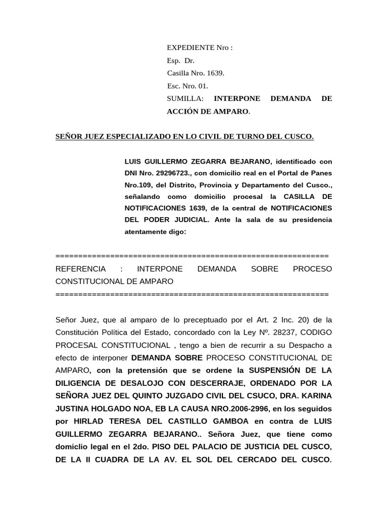 Demanda de Amparo por Desalojo en Cusco | PDF | Debido al proceso ...