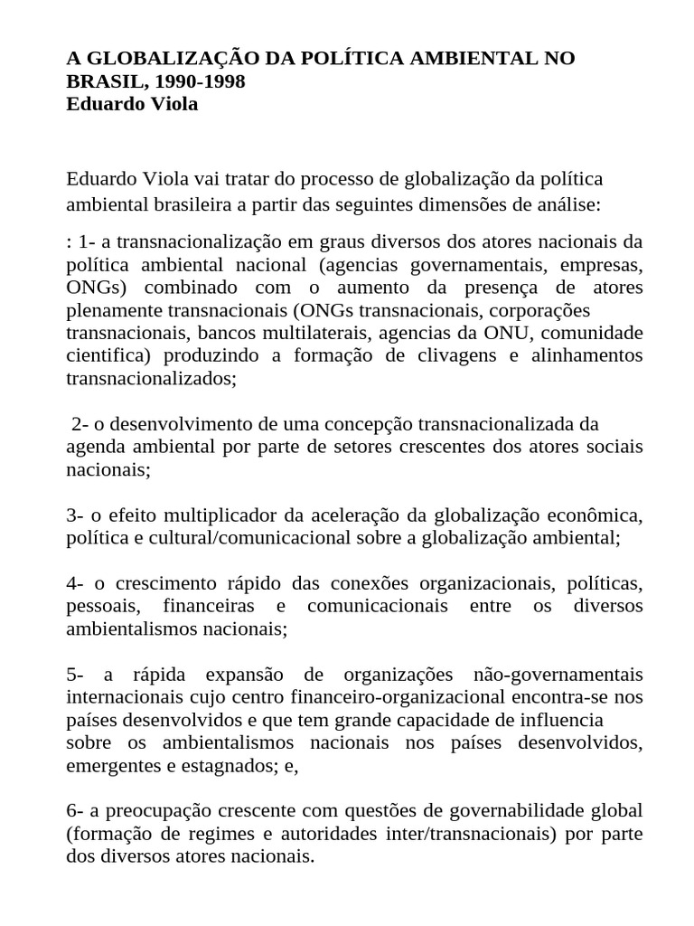 Globalização da Política Ambiental no Brasil | PDF