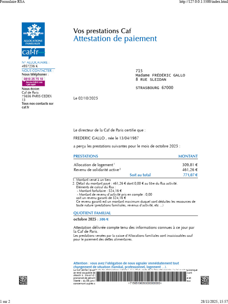 Attestation de prestations CAF octobre 2025 | PDF | Allocations ...