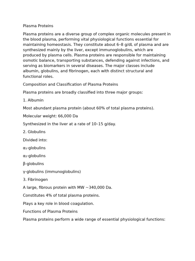 Overview of Plasma Proteins Functions | PDF
