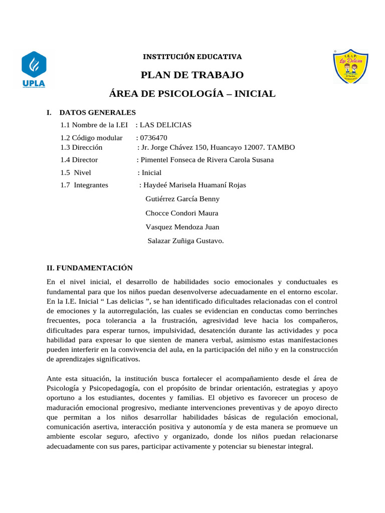 Plan de Trabajo Psicología Inicial 2023 | PDF | Las emociones ...