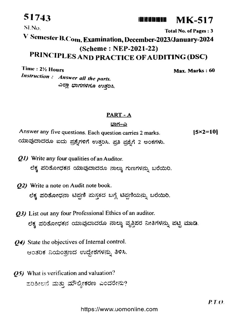 Bcom 5 Sem Principles and Practice of Auditing MK 517 Jan 2024 | PDF