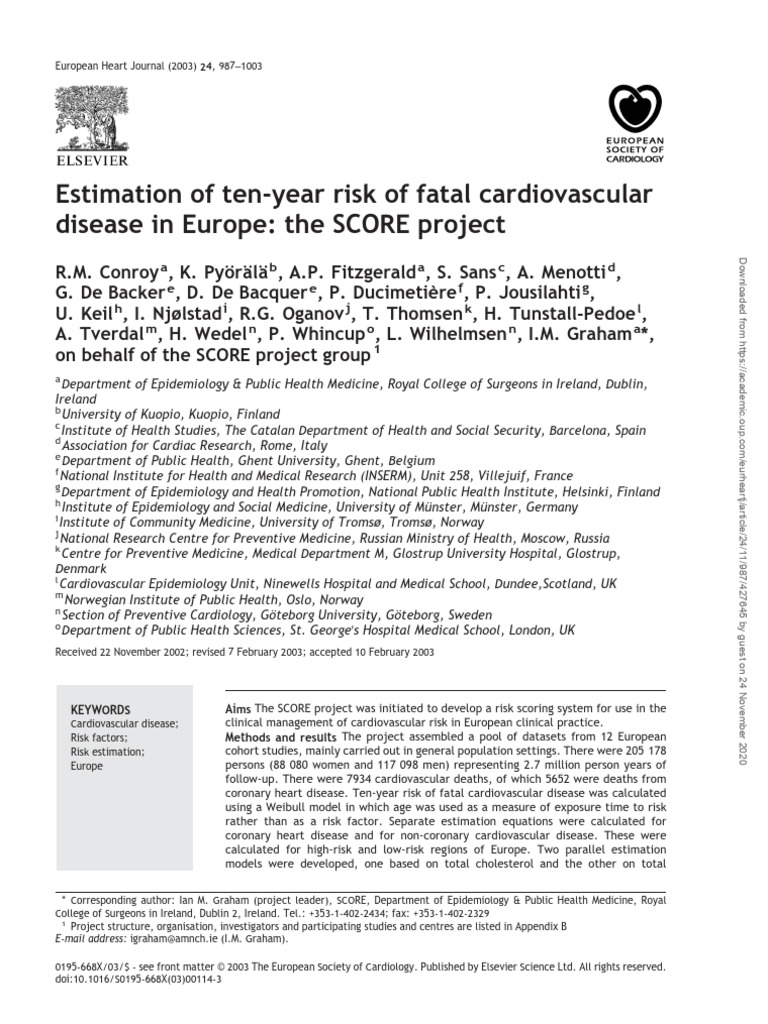 SCORE Project: 10-Year Cardiovascular Risk | PDF | Cardiovascular ...