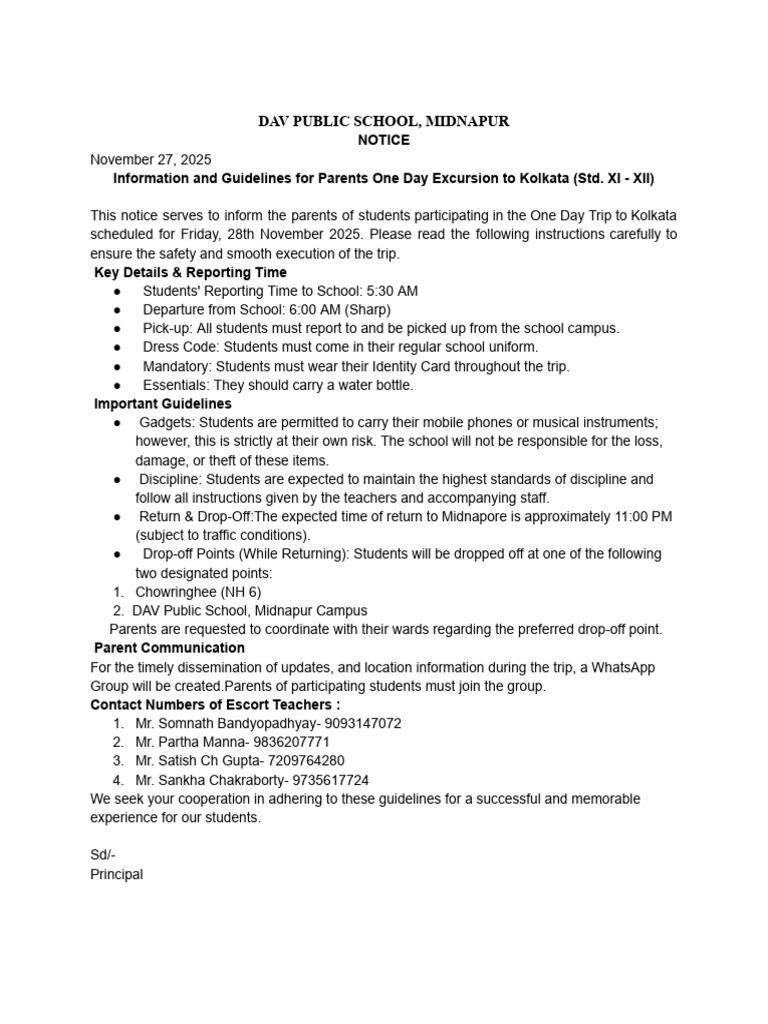 Kolkata Excursion Guidelines for Parents | PDF