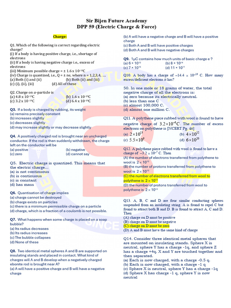 Electric Charge & Force Practice Questions | PDF | Electric Charge | Force