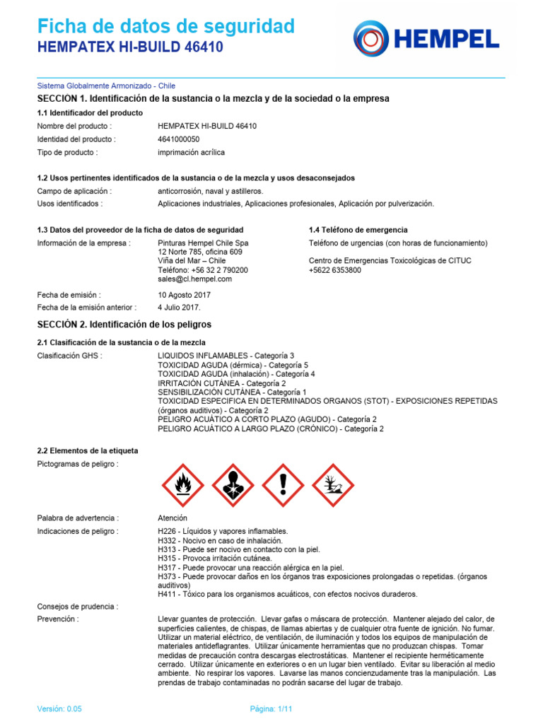 Ficha de Seguridad HEMPATEX HI-BUILD 46410 | PDF | Residuos | Toxicidad