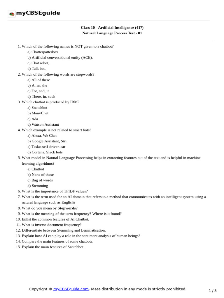 Class 10 AI Natural Language Processing Test | PDF | Artificial ...