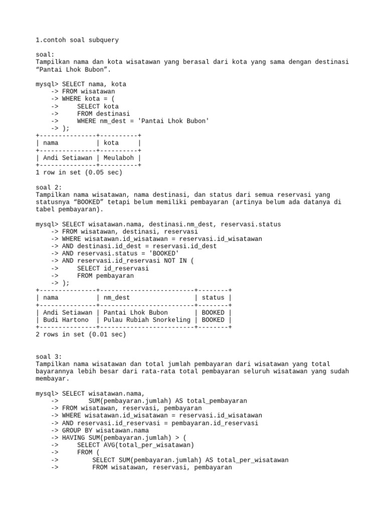 Contoh Soal Subquery MySQL | PDF