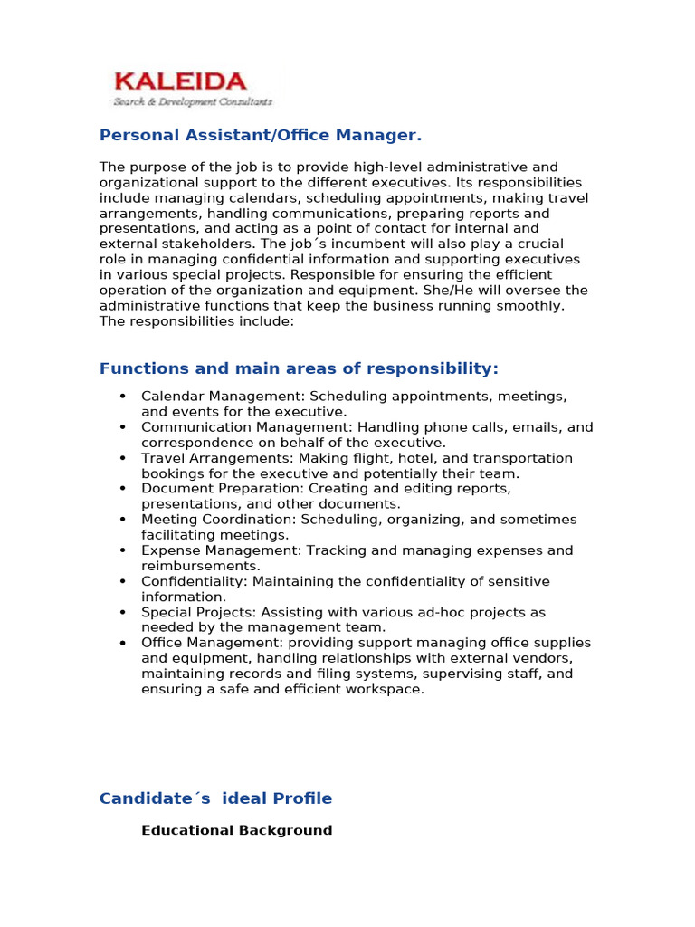 Executive Personal Assistant Job Description | PDF | Communication ...