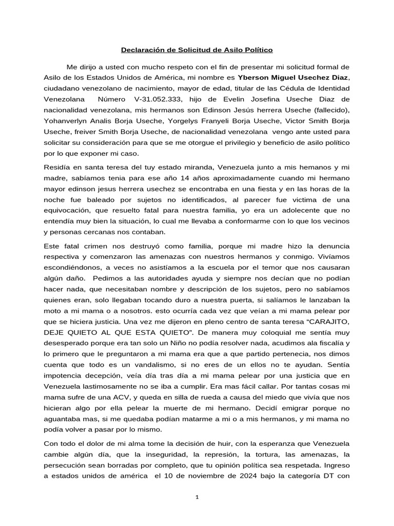 Declaracion de Asilo Usa | PDF