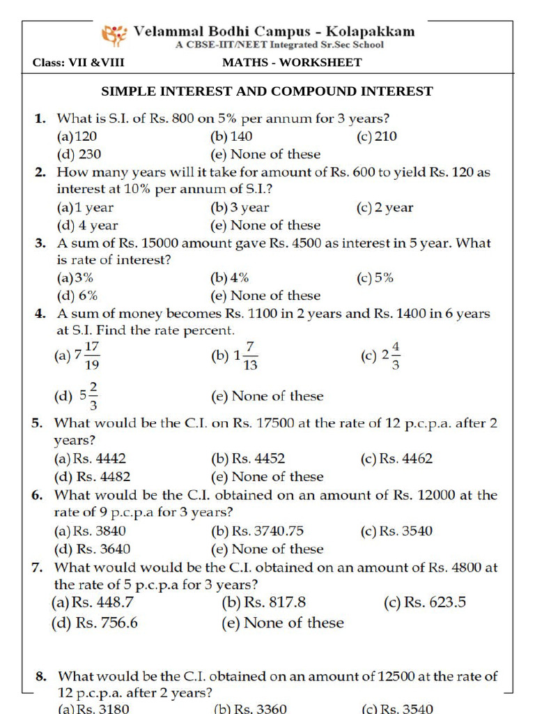 Class VII & VIII-simple Interest and Compound Interest | PDF