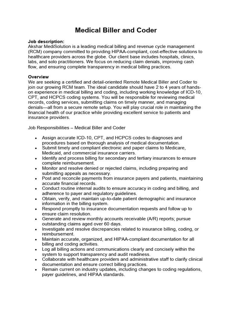 Remote Medical Biller and Coder Job | PDF | Health Care | Social Programs