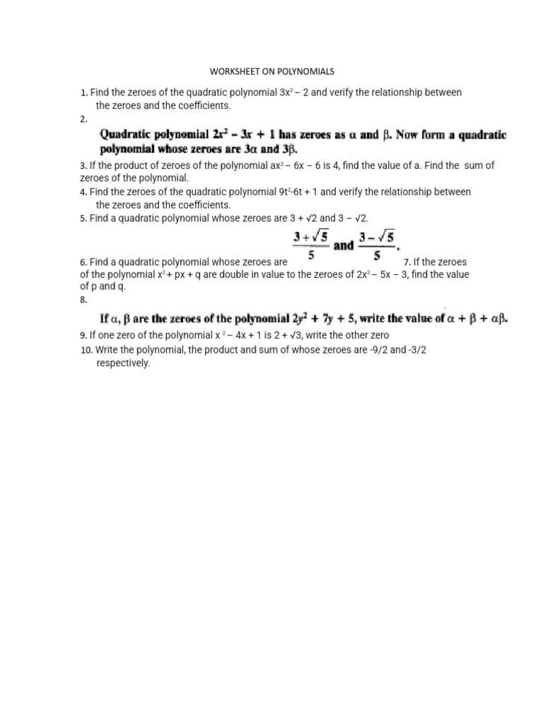 Polynomial Zeroes Worksheet | PDF
