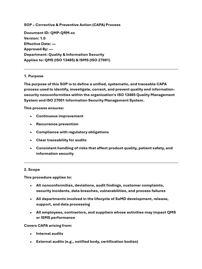CAPA Process SOP for Quality & Security | PDF | Information Security ...