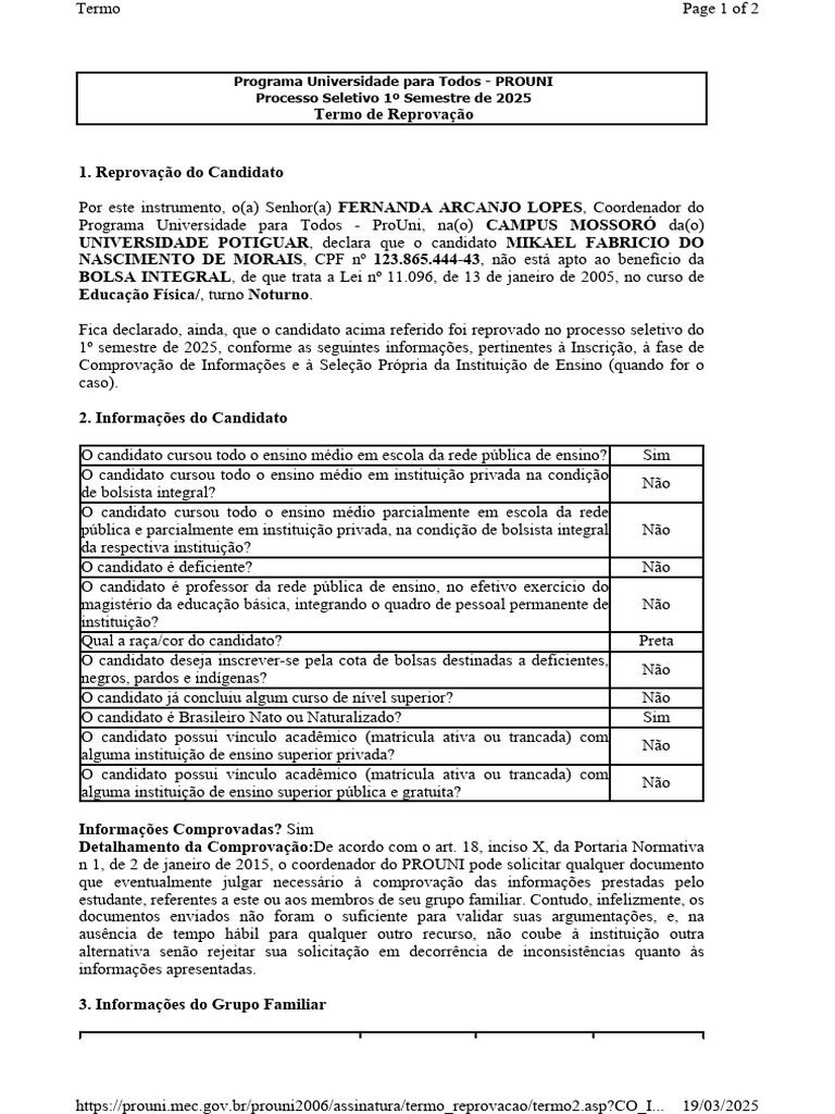 Reprovação no PROUNI 1º Semestre 2025 | PDF