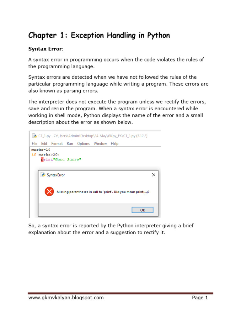 Chapter-1 (Exception Handling in Python) | PDF | Computer Program ...