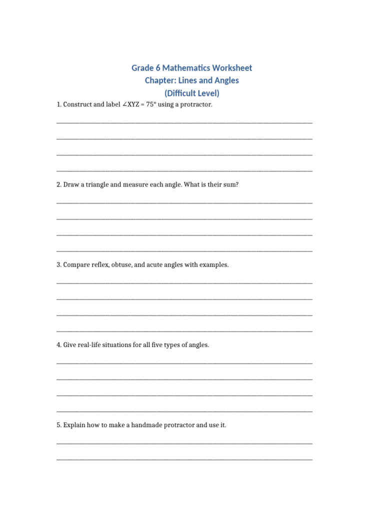 Grade 6 Lines and Angles Worksheet | PDF | Angle | Triangle