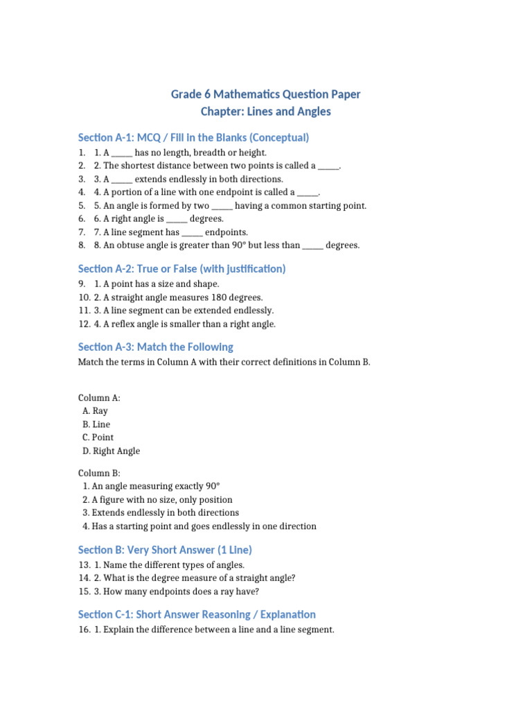 Grade 6 Lines and Angles Exam Paper | PDF