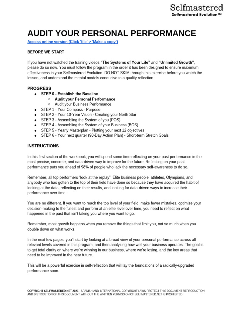 Personal Performance Audit Guide | PDF | Sleep | Copyright