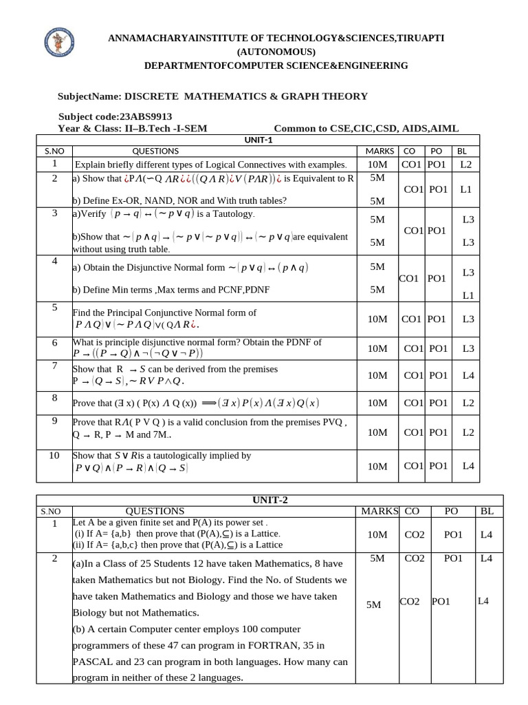 Discrete Mathematics & Graph Theory Exam Questions | PDF | Discrete ...