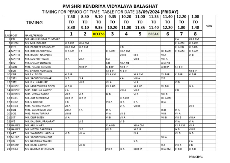 Class Period Timetable for 13/09/2024 | PDF