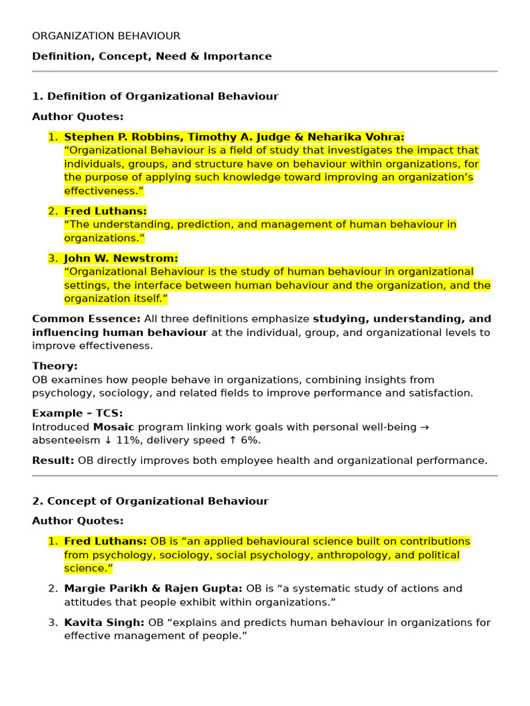 OB notes | PDF | Organizational Behavior | Leadership