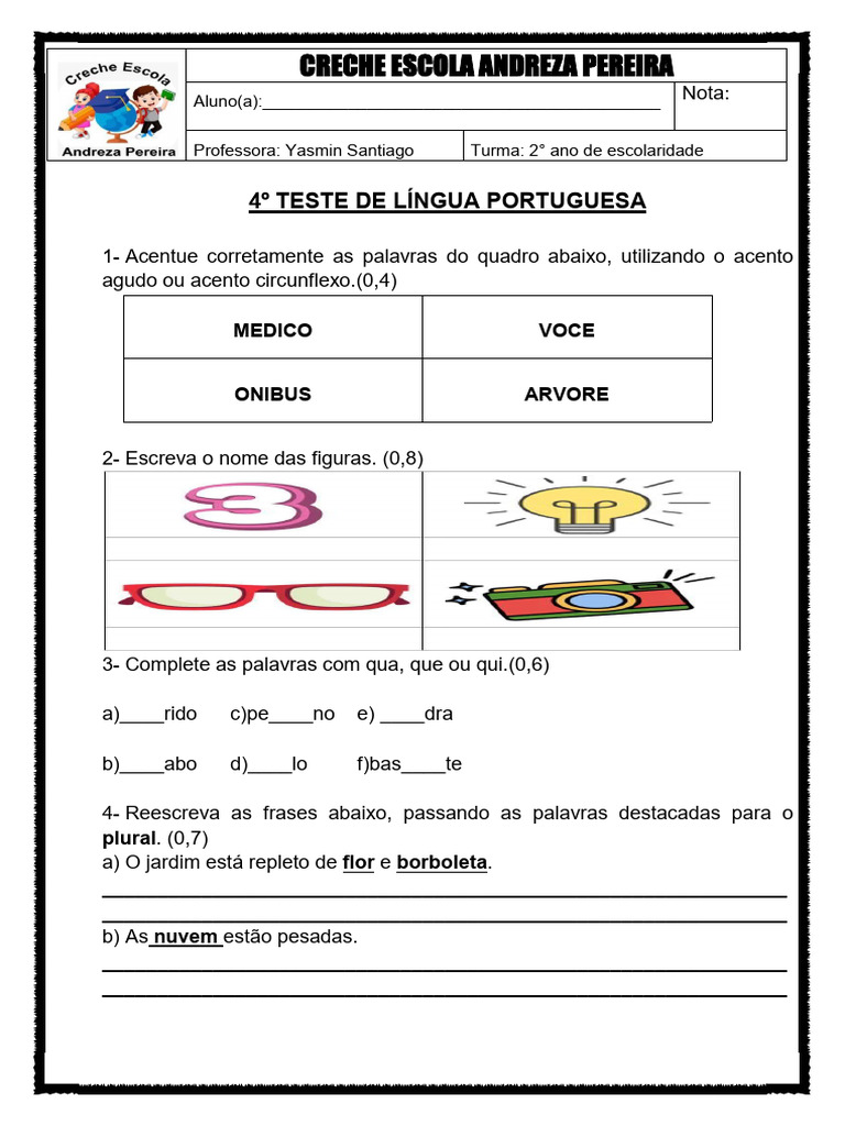 Teste de Língua Portuguesa 2º Ano | PDF