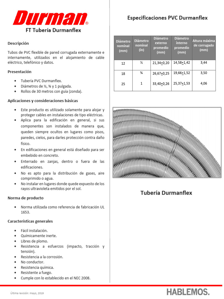 Especificaciones Tubería PVC Durmanflex | PDF | Tubería (transporte de ...
