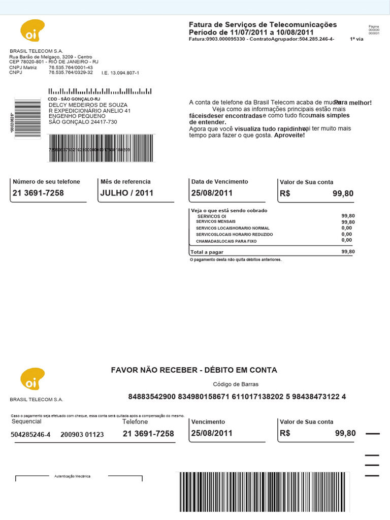 Conta de Telefone Oi PDF | PDF