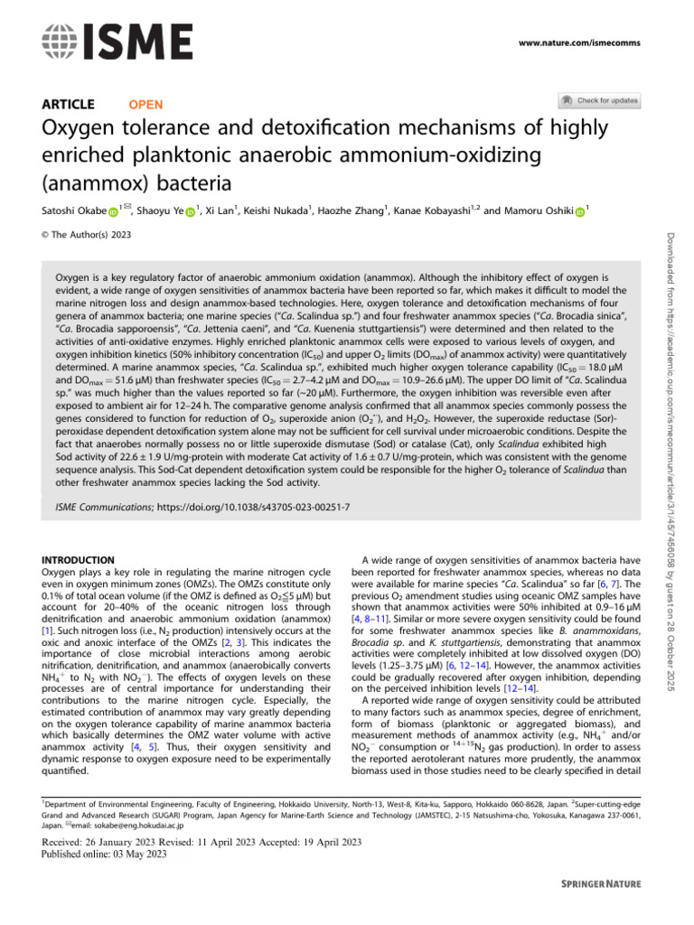 Oxygen Tolerance in Anammox Bacteria | PDF | Superoxide Dismutase ...