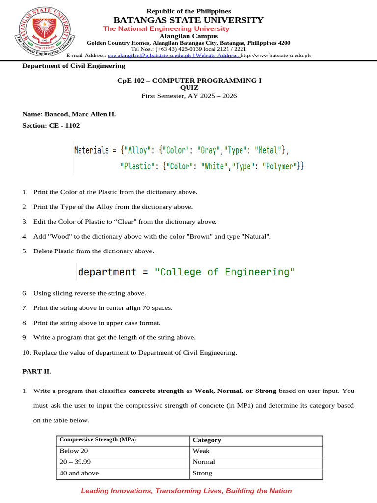 Civil Engineering Programming Quiz 2025 | PDF | Chess Theory | Chess