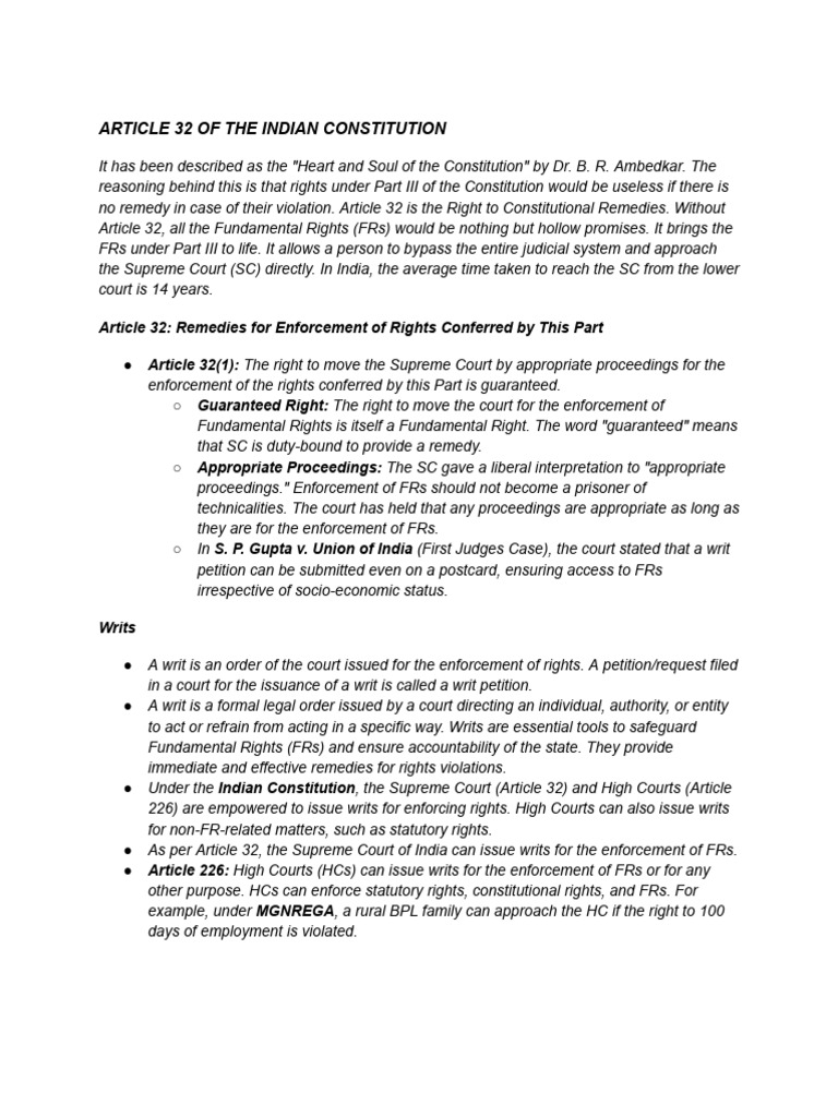 Article 32: Right to Constitutional Remedies | PDF | Writ Of ...