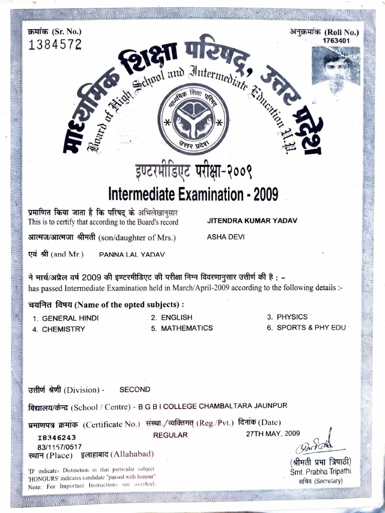 Intermediate Exam Certificate 2009 | PDF