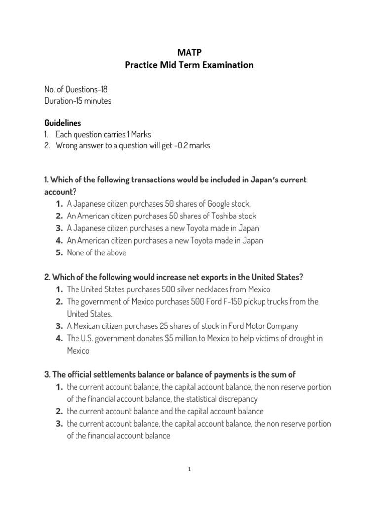 MATP Practice Mid Term Exam Guide | PDF | Balance Of Trade | Capital ...