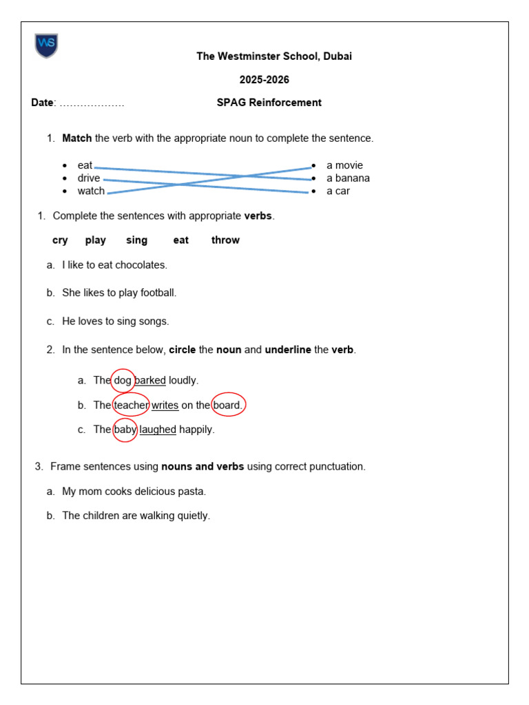 SPaG Worksheet 3 - Nouns and Verbs - Answer Key | PDF
