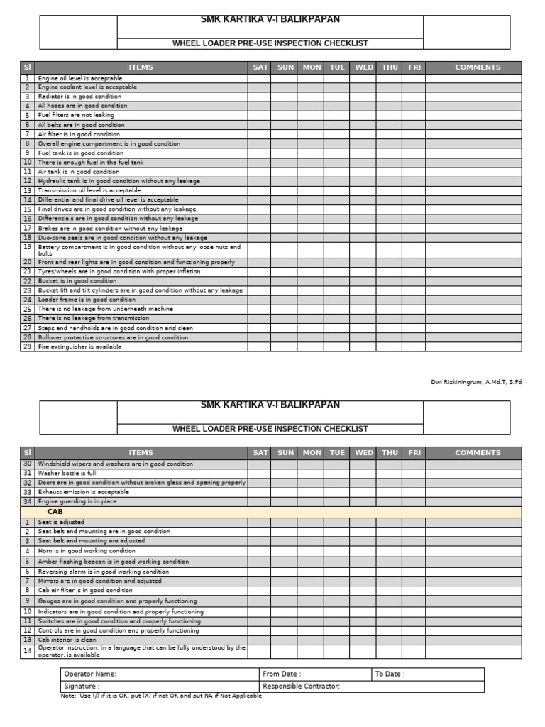 Wheel Loader Daily Inspection Checklist | PDF | Loader (Equipment ...