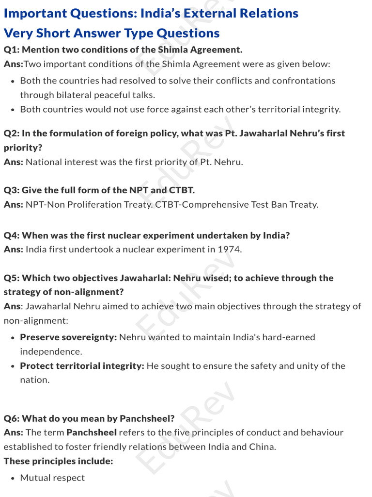 Imp Ques - India's External Relations | PDF | Non Aligned Movement ...