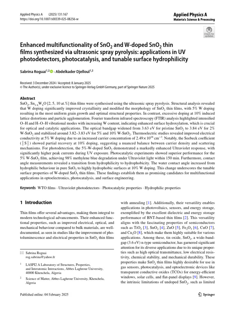 W-Doped SnO2 Thin Films for UV Applications | PDF | Doping ...