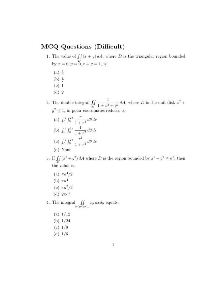 Difficult MCQs on Multiple Integrals | PDF | Fourier Series | Sphere