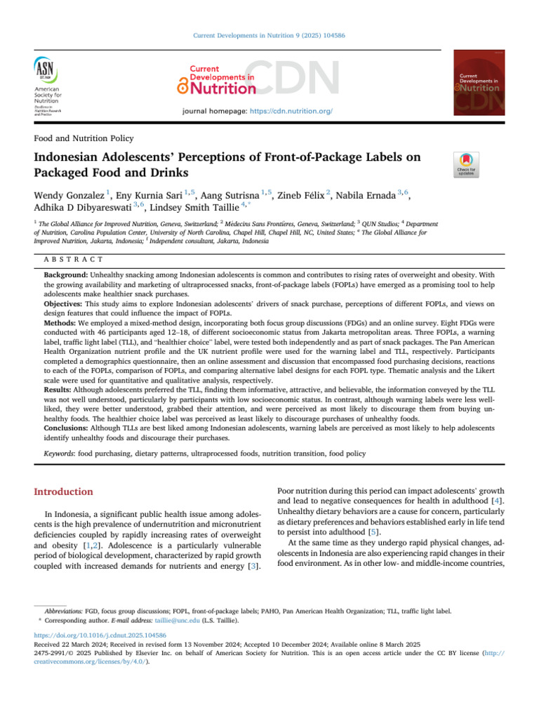 Indonesian Teens and Food Label Perceptions | PDF | Socioeconomic ...