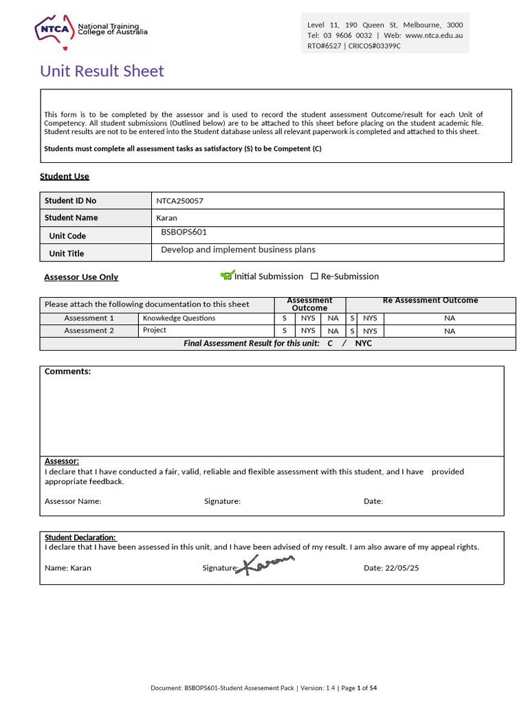 BSBOPS601 Assessment Result Sheet | PDF | Educational Assessment ...