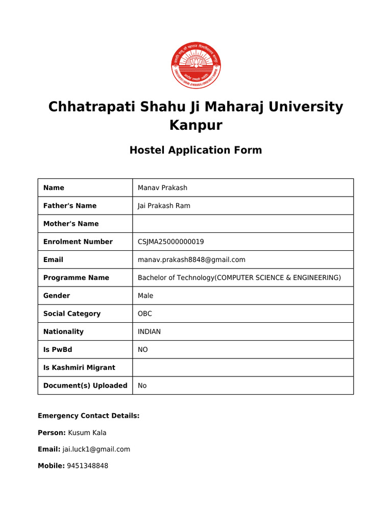CSJMU Kanpur Hostel Application Form | PDF
